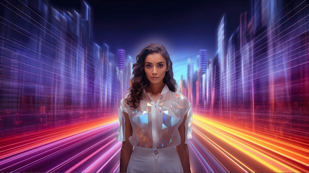 a woman standing in front of a city with light trails
